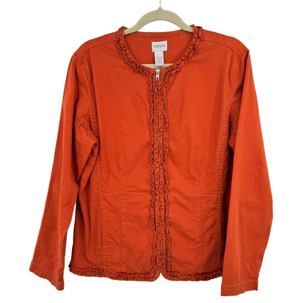 Chico's 2 Women's Orange Ruffle Zip-Up Jacket Size Large Cotton stretch